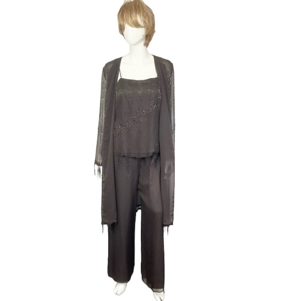 Sue Wong Vintage Chocolate Brown Silk Sequins 3-Piece Cami, Pants Jacket Set S